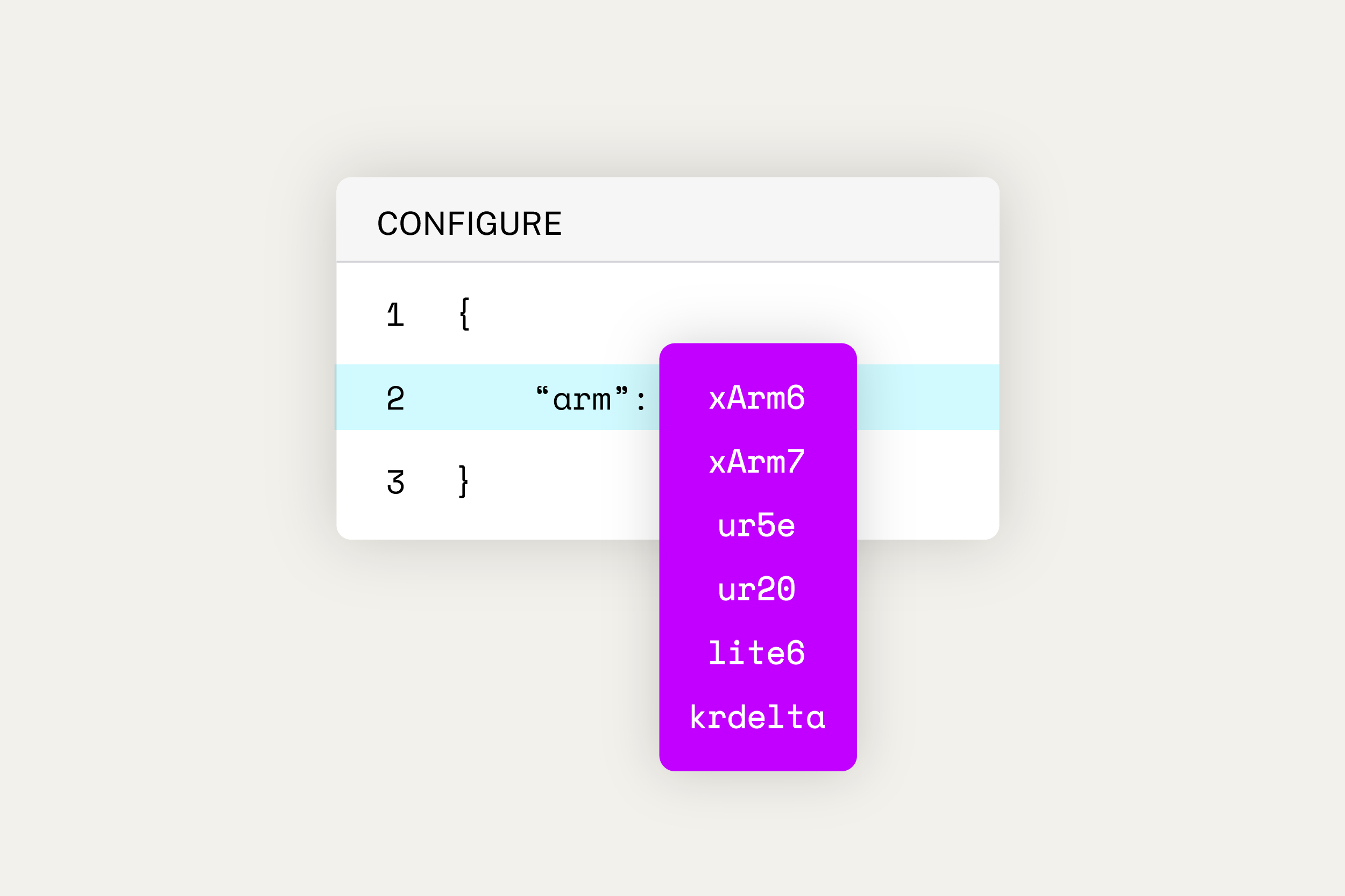An illustration showing how you can change which robotic arm you're using by just changing a single line of code