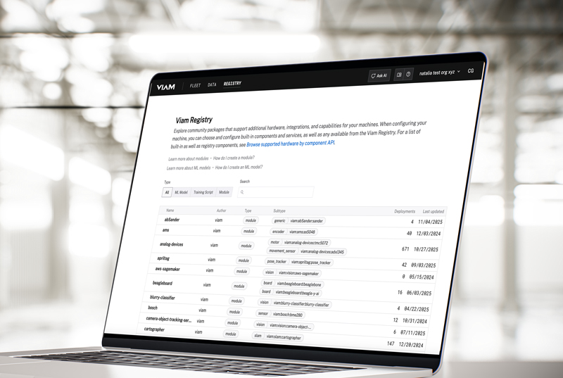 A photo of a laptop showing the Viam platform