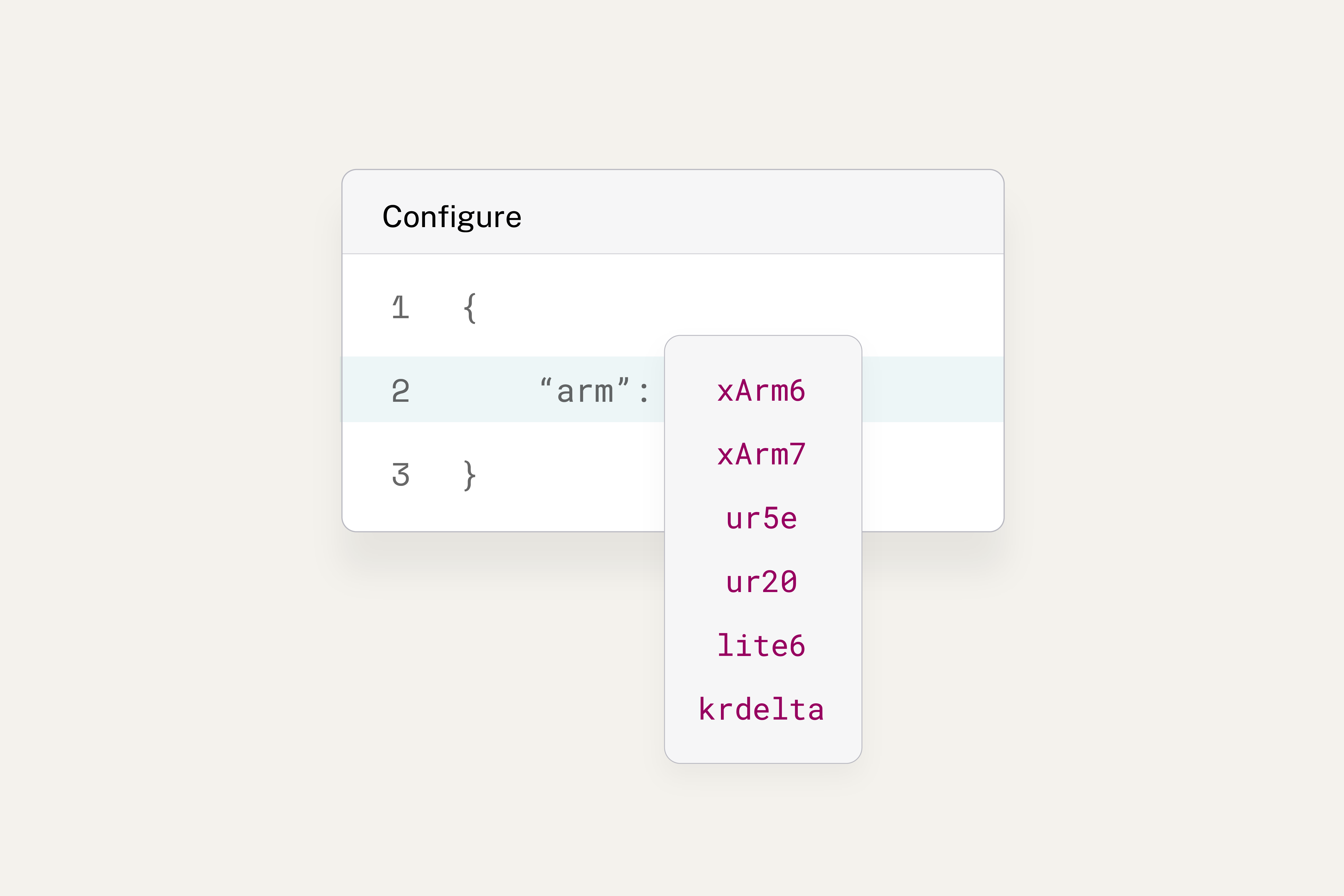 An illustration showing how you can change which robotic arm you're using by just changing a single line of code