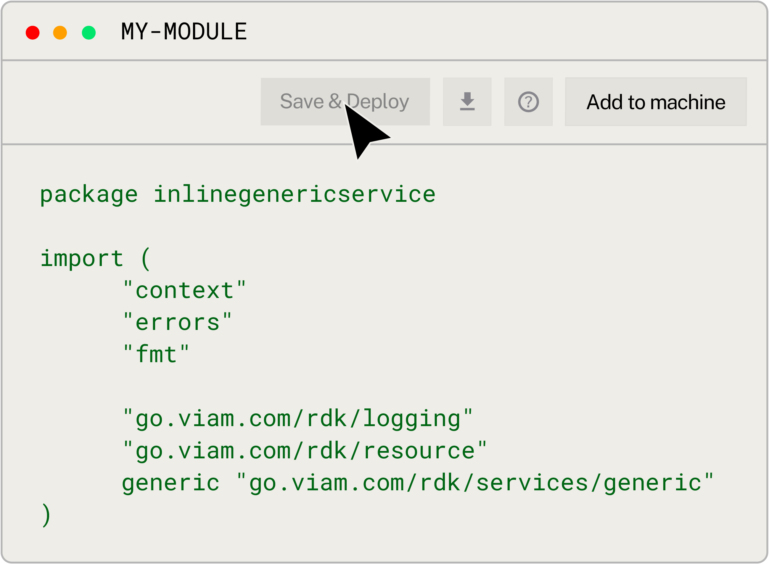 The code for a Viam module being saved and deployed