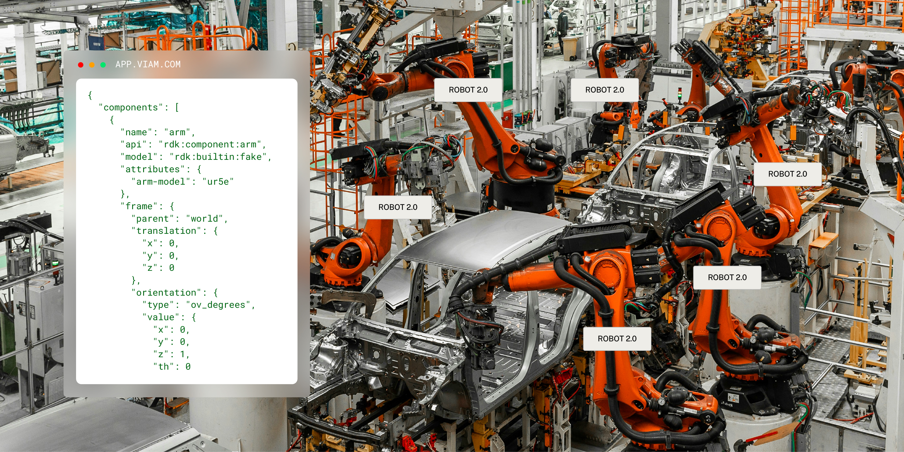 A photo of robotic arms working on a car in a factory. The code block is showing how you can push updates to your fleet.