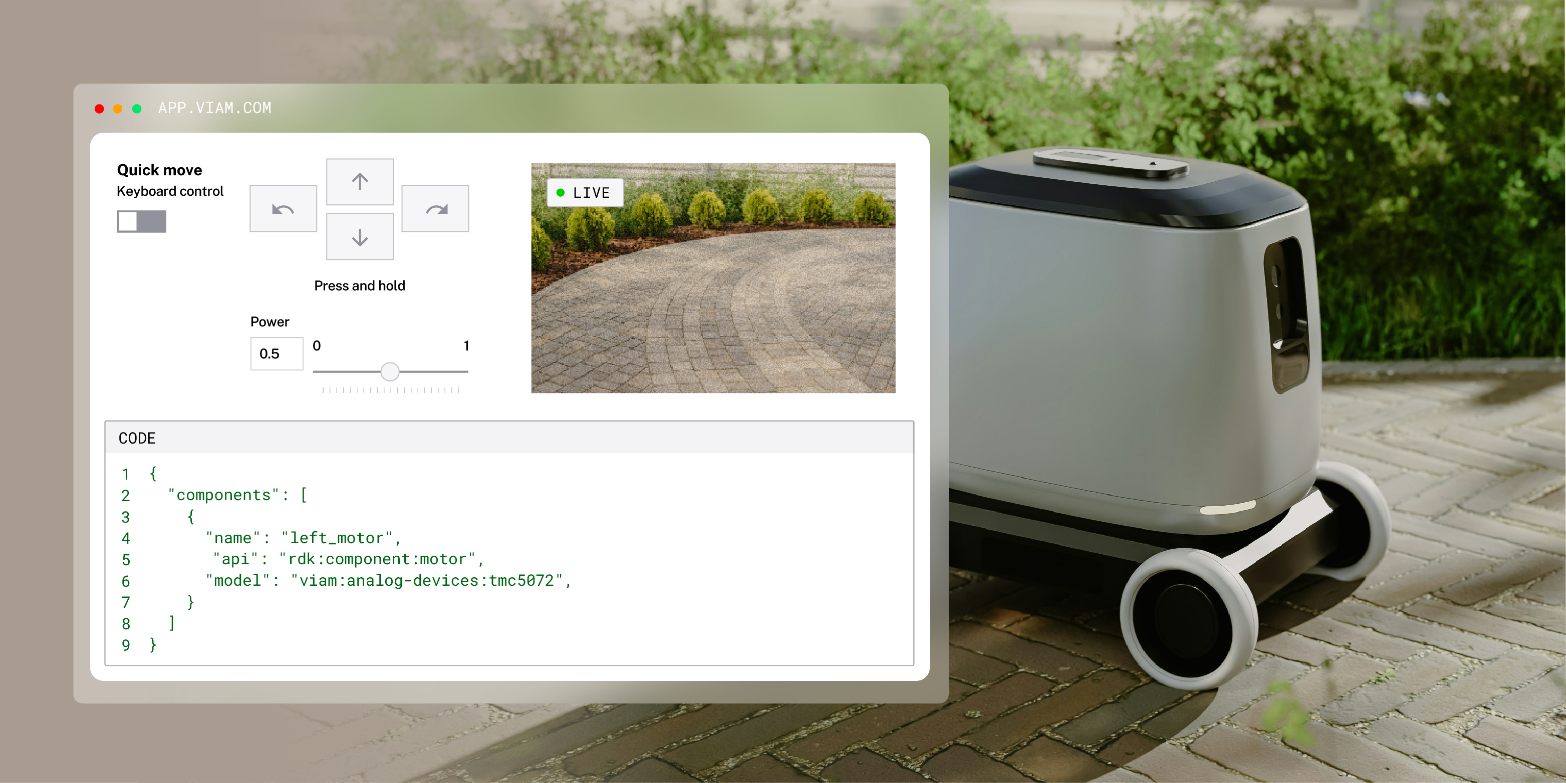 A rendering of a delivery robot moving on a cobblestone path. A screenshot of the viam app is overlaid showing the camera feed and controls for the robot.