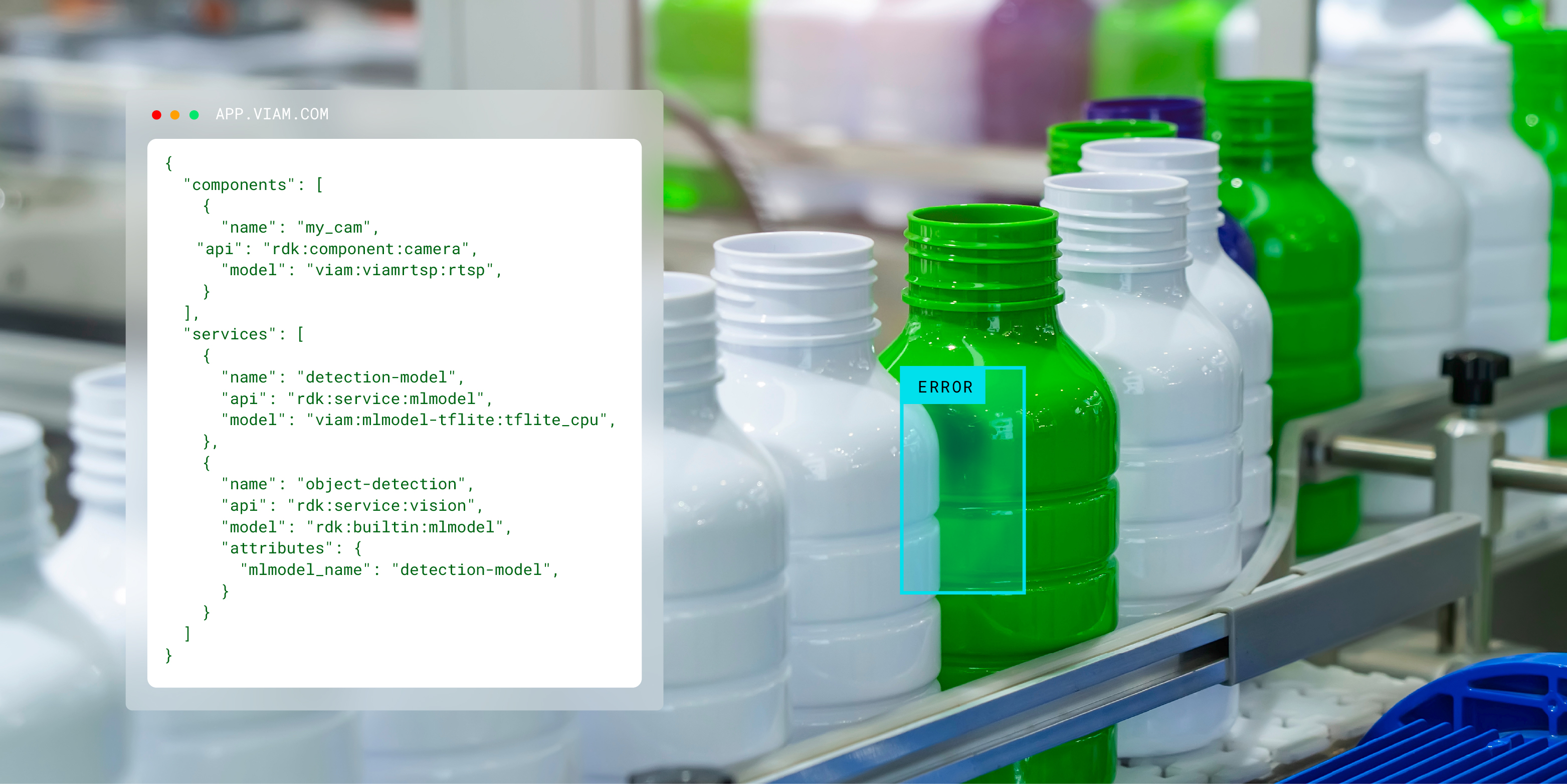 A photo of bottles on a conveyor belt. A machine learning model is being used to identify a defect in the bottle.
