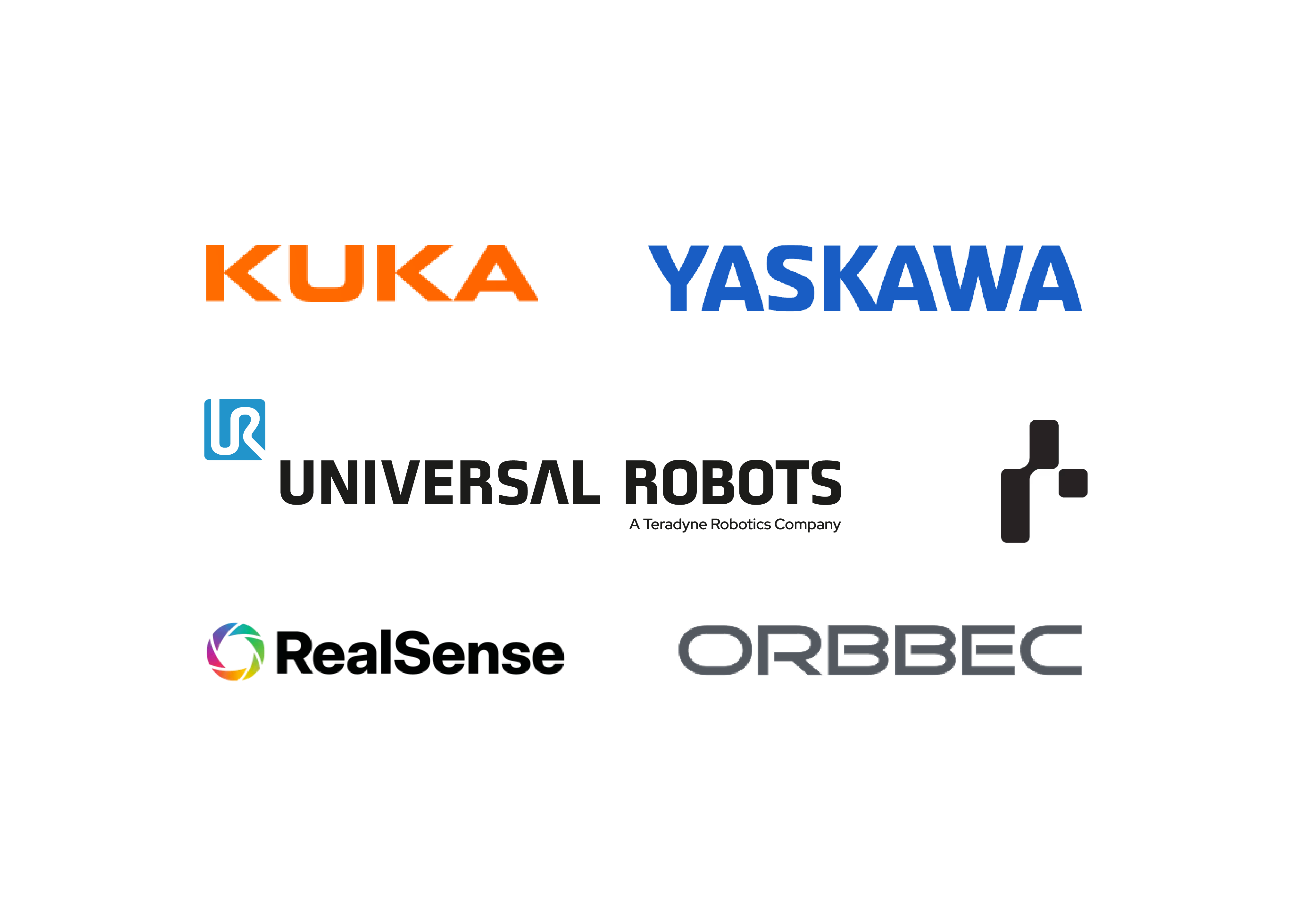 Logos for Kuka, Yaskawa, Universal Robots, UFactory, RealSense, and Orbbec