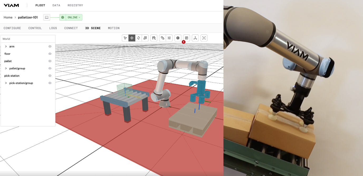A screenshot showing sim in the viam app and then a photo of a robotic palletizing arm