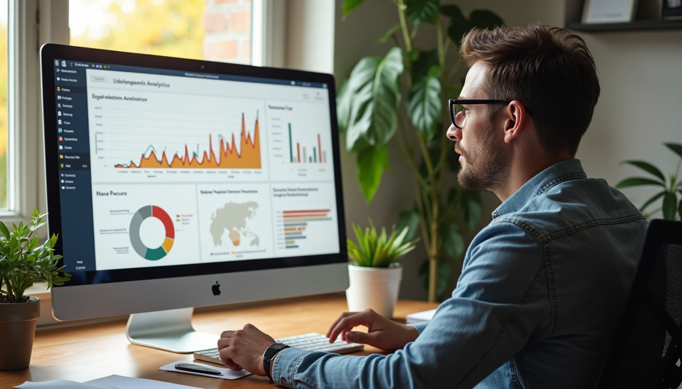 Business owner checks engagement analytics dashboard in small office