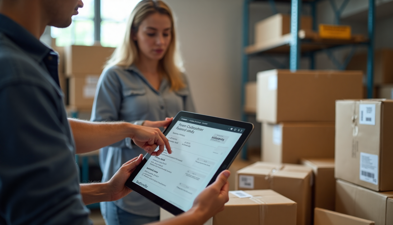 E-commerce staff reviewing digital customer feedback on tablet in busy workspace