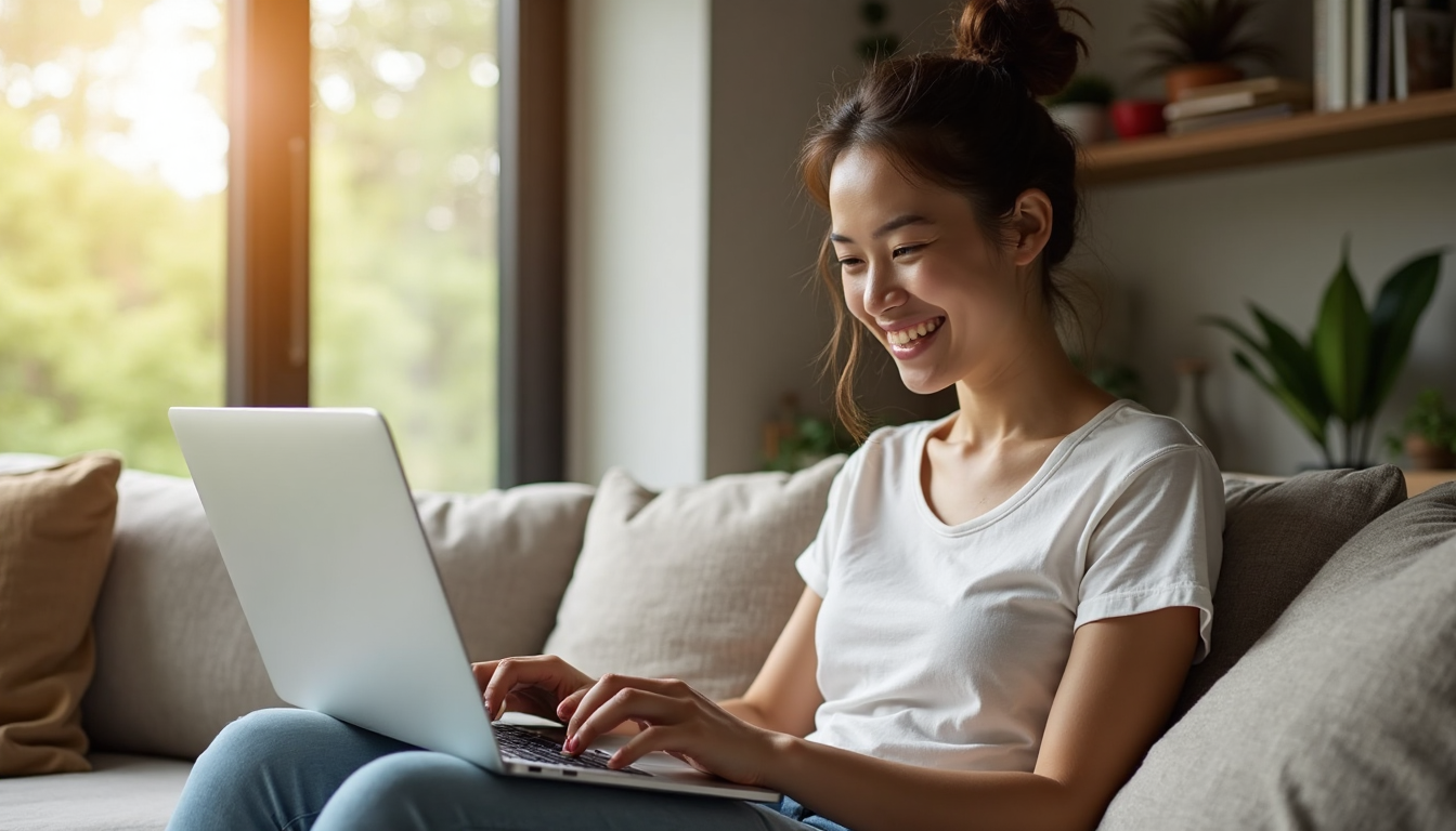 Woman shopping online with personalized recommendations banner