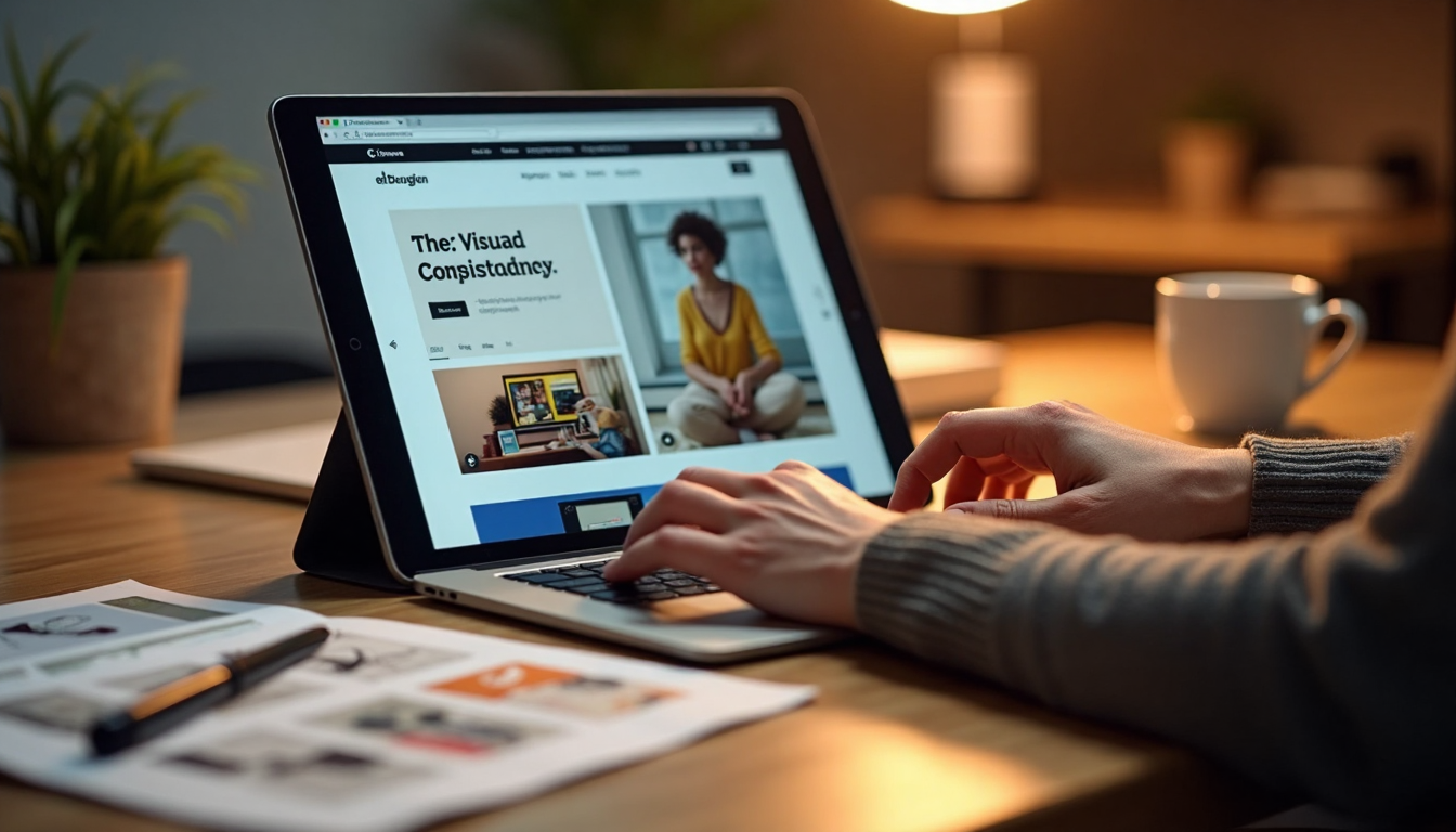 Designer refines e-commerce style guide with consistent website visuals on tablet