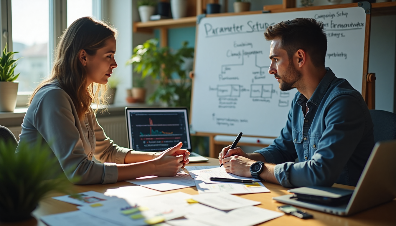 Marketers collaborating on tracking parameter setup in office workspace