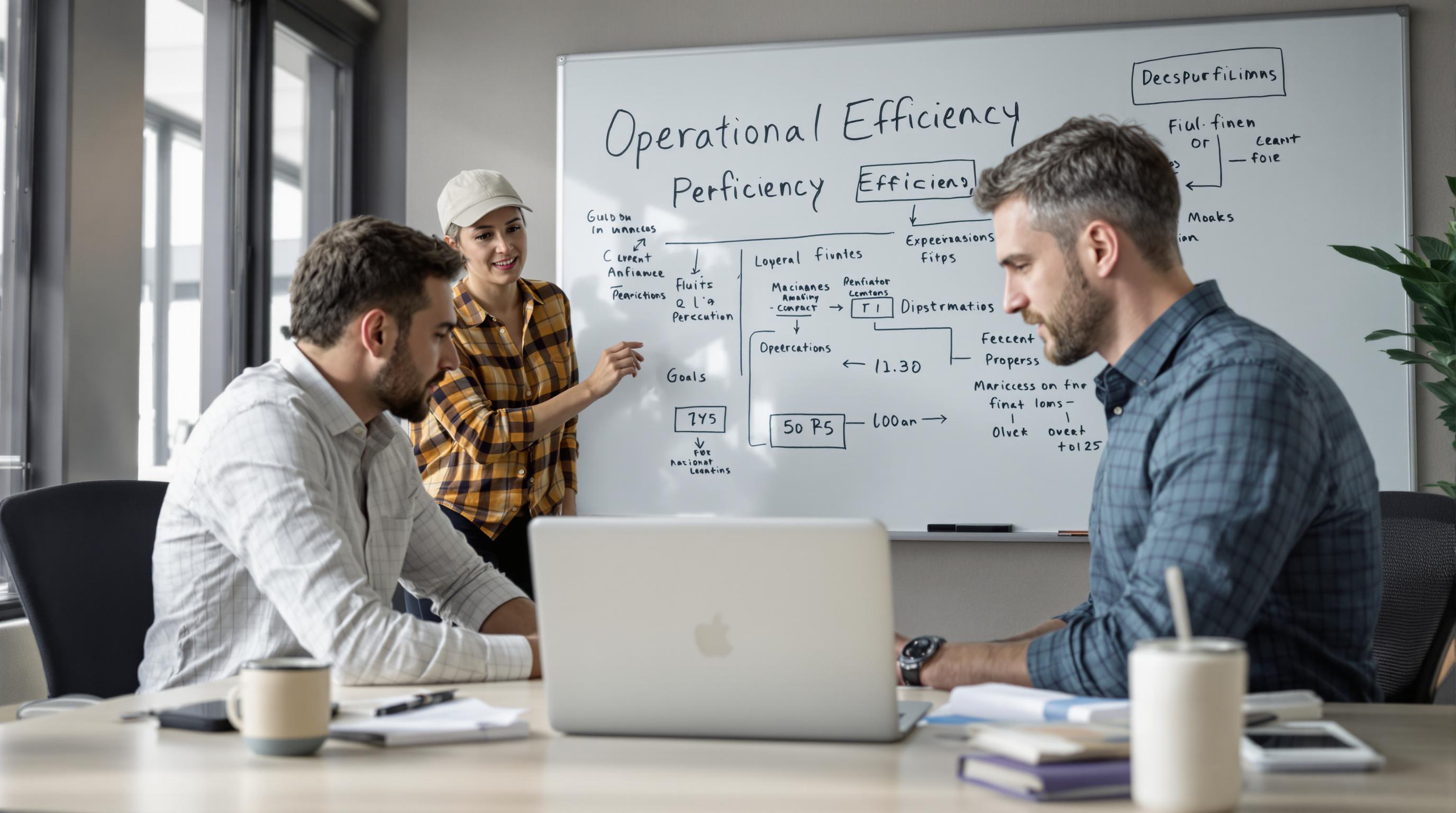 Colleagues review operations charts; whiteboard reads 'Operational Efficiency'