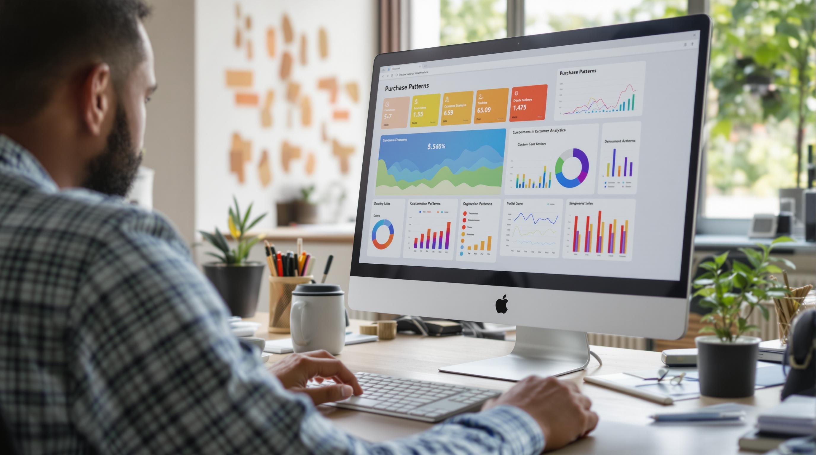 E-commerce analyst reviews historical sales graphs on screen