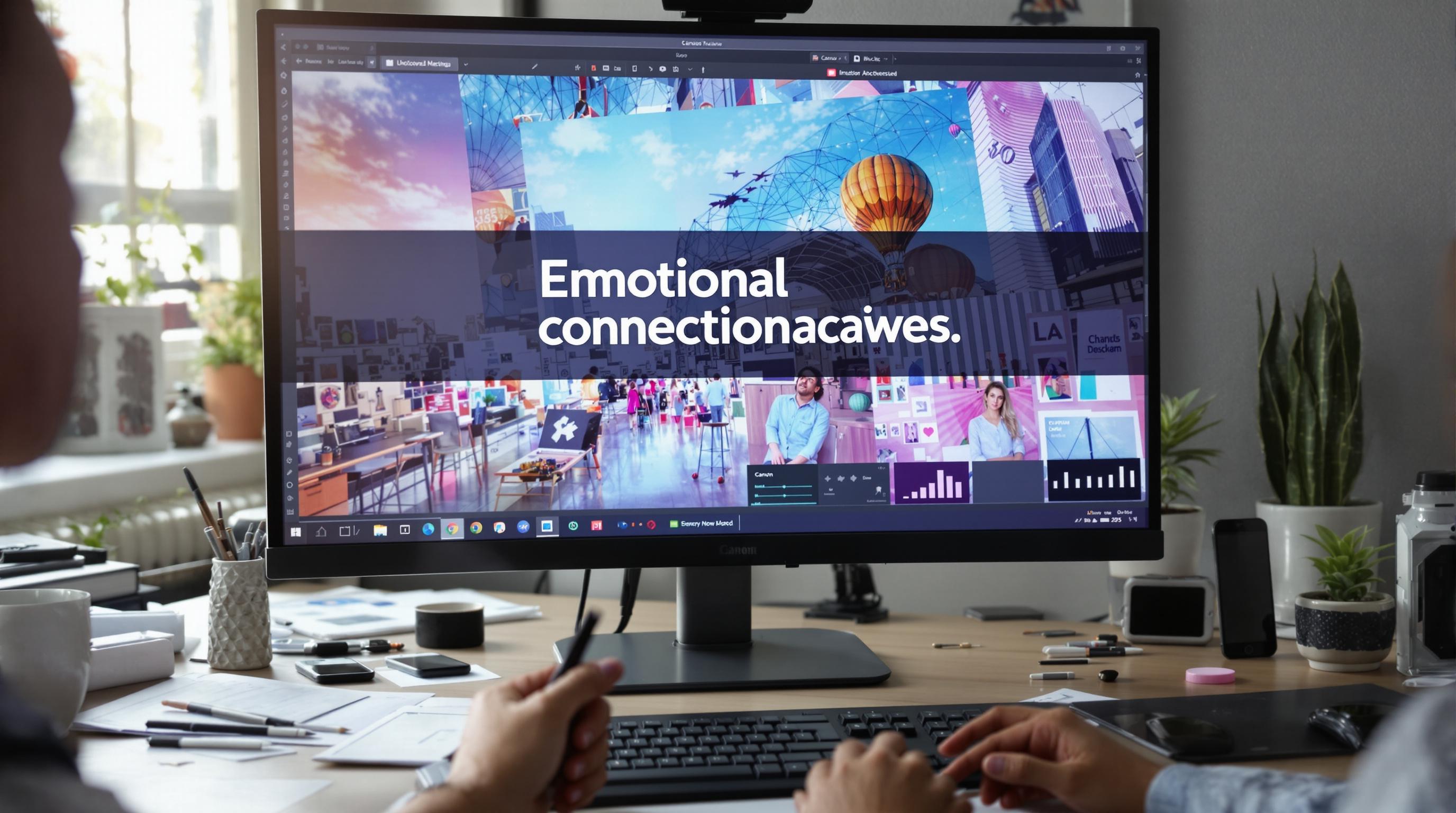 Designer optimizing ad creative with 'Emotional Connection' overlay