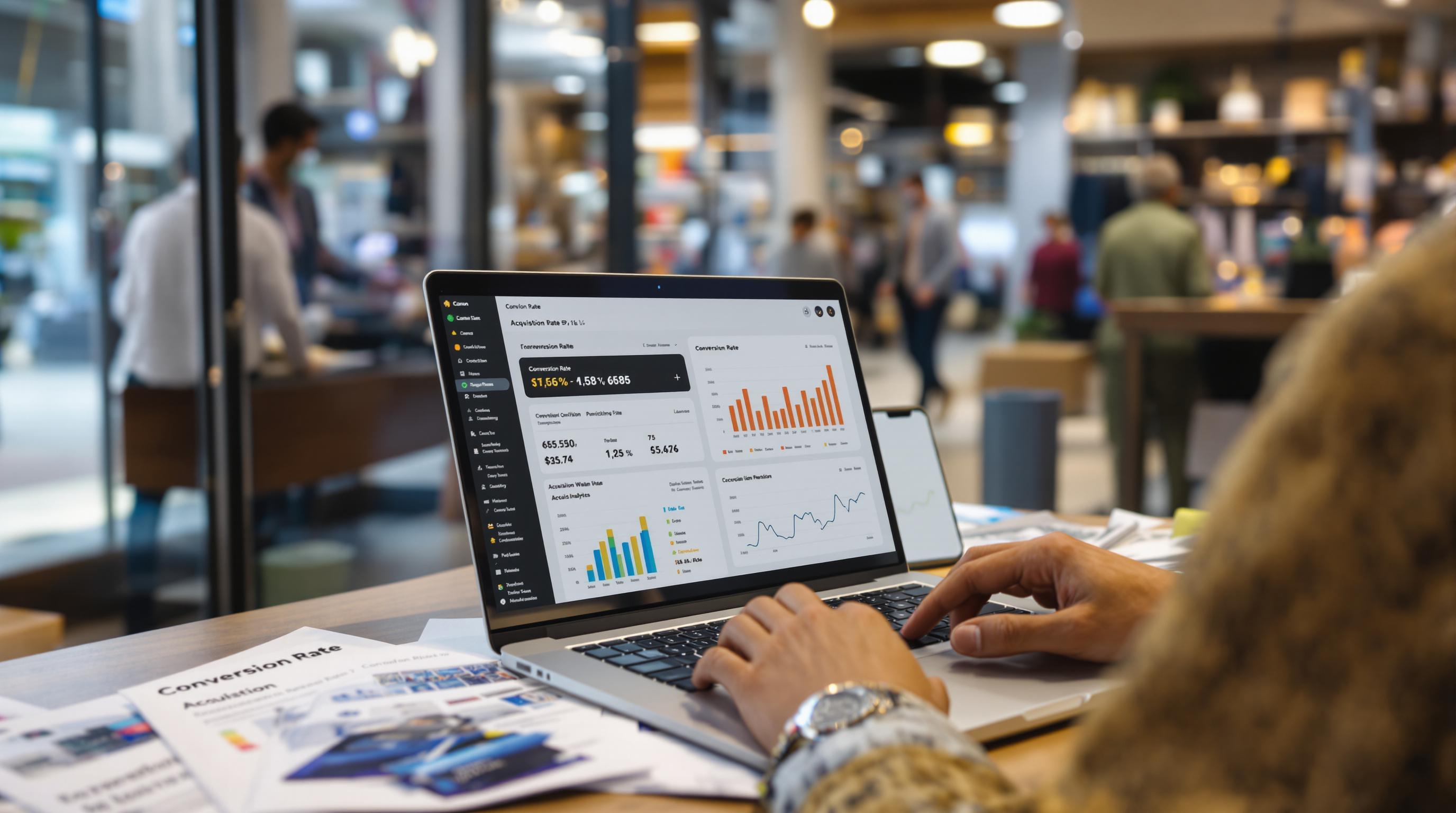 Professional checks conversion rate analytics on laptop in retail store