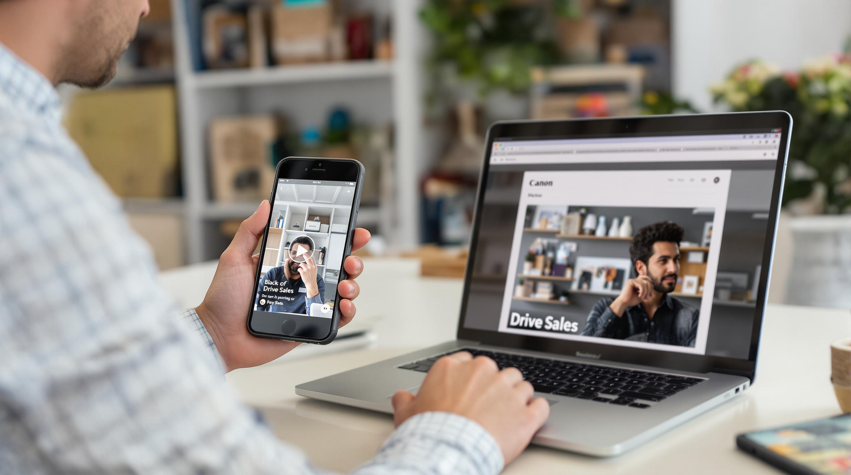 Entrepreneur creates video and blog in workspace, laptop header says 'Drive Sales'
