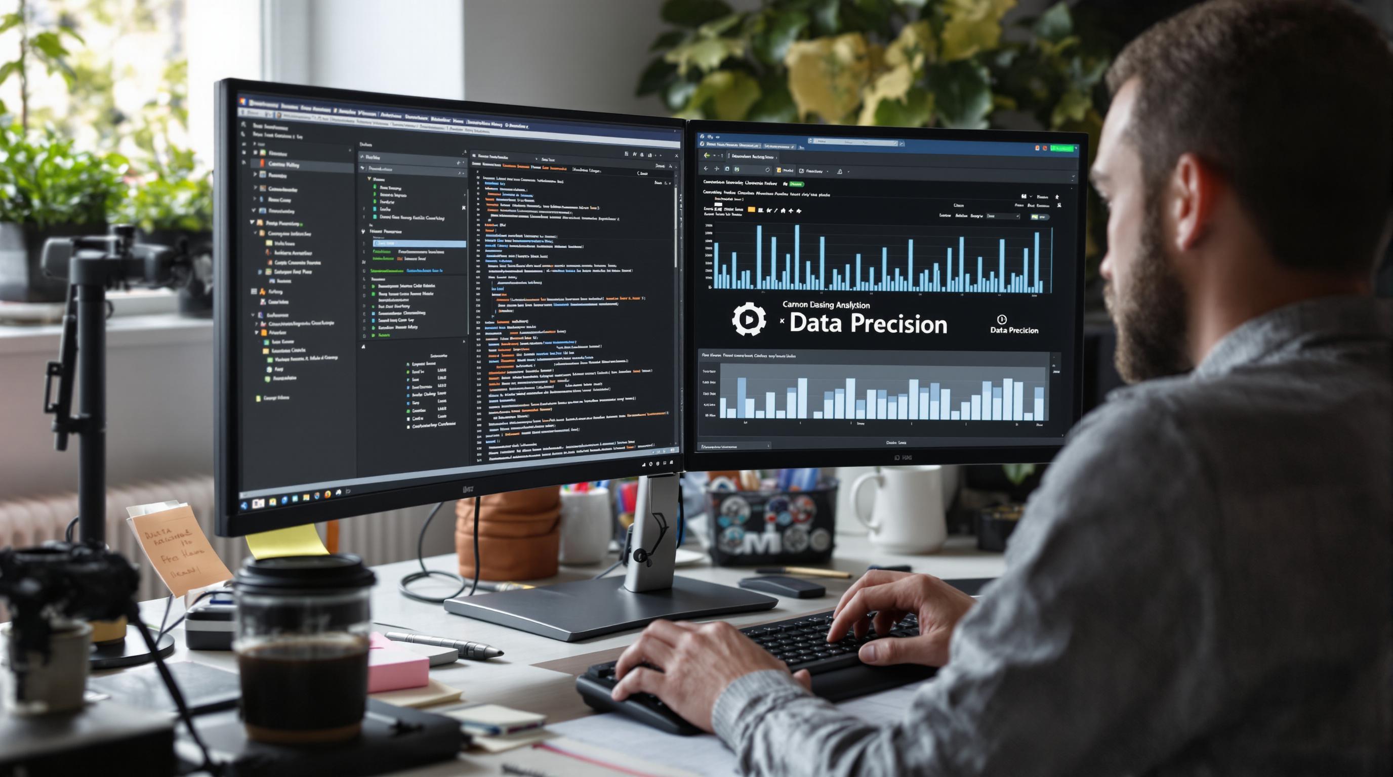 E-commerce analyst working on data cleaning with 'Data Precision' on monitor