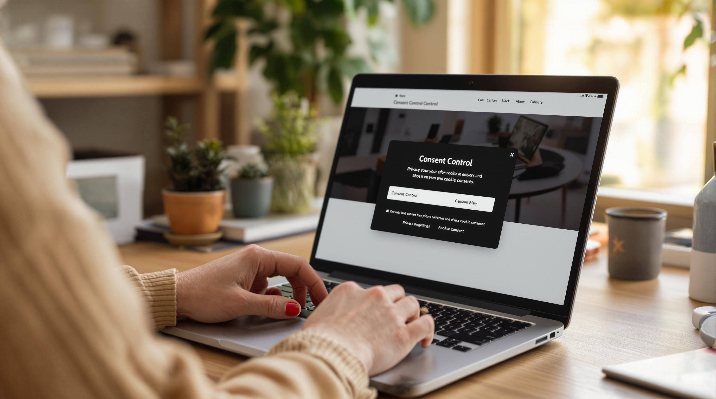 Woman reviews privacy consent notifications while shopping online on a laptop