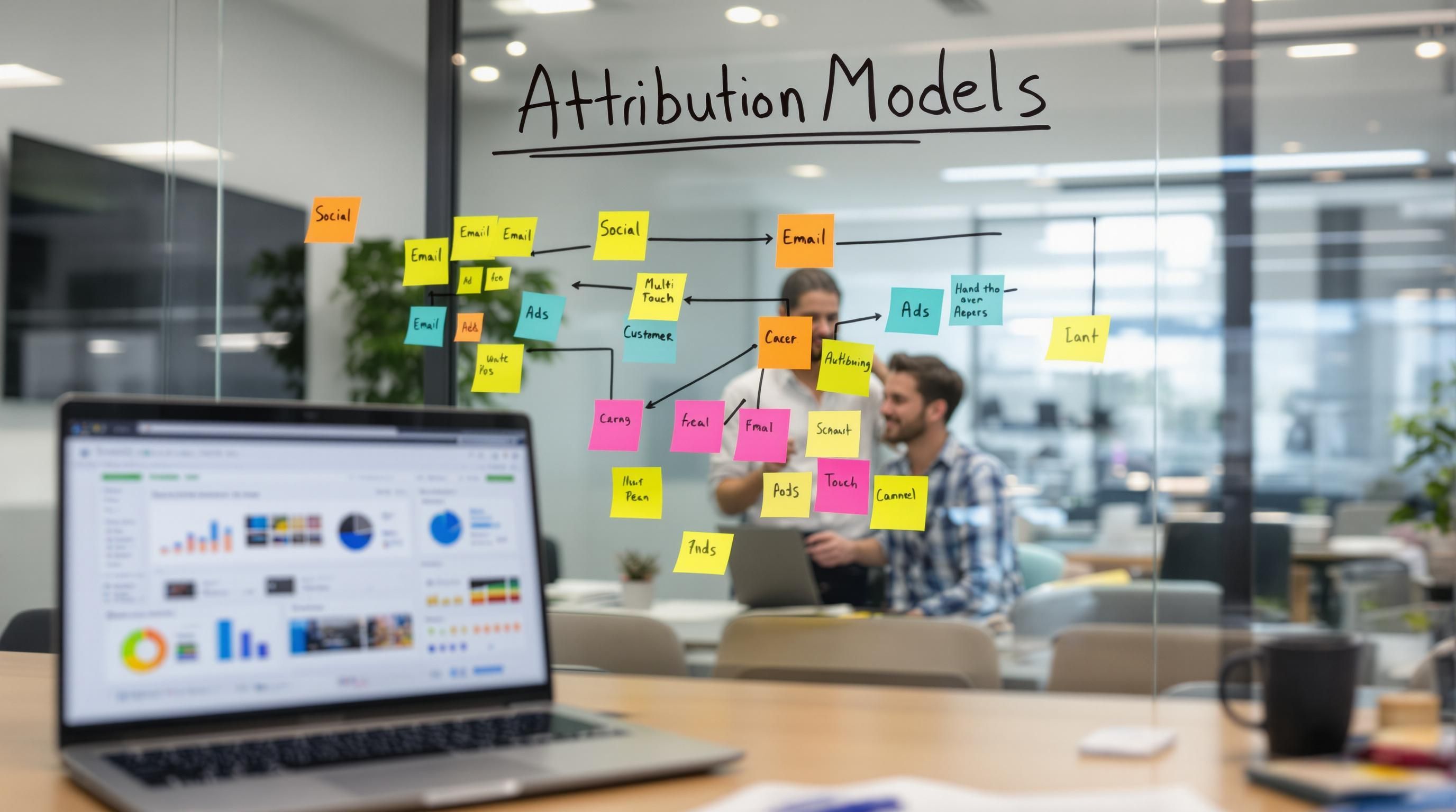 Strategist mapping multi-touch attribution model on glass wall