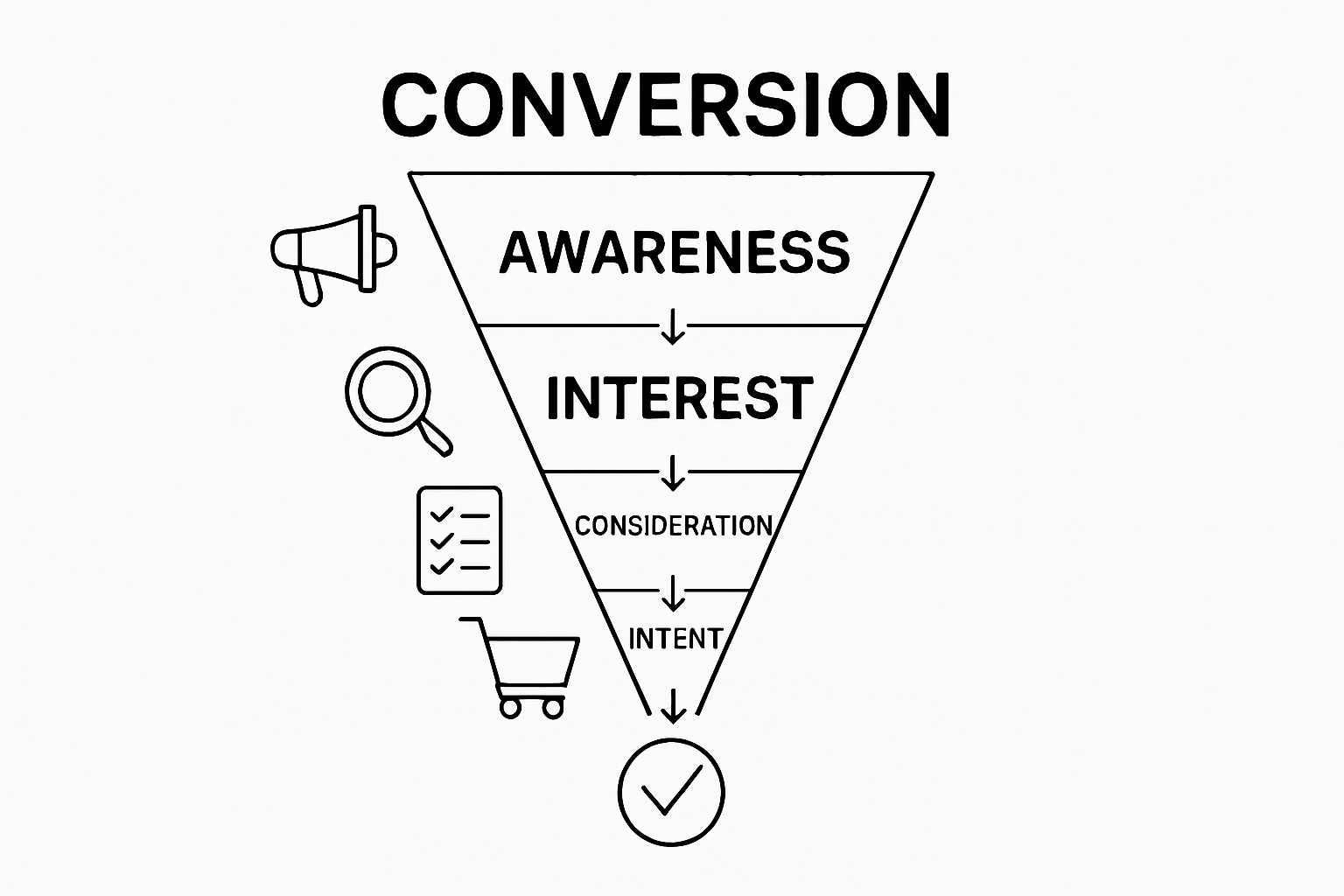 Infographic of five conversion funnel stages with icons