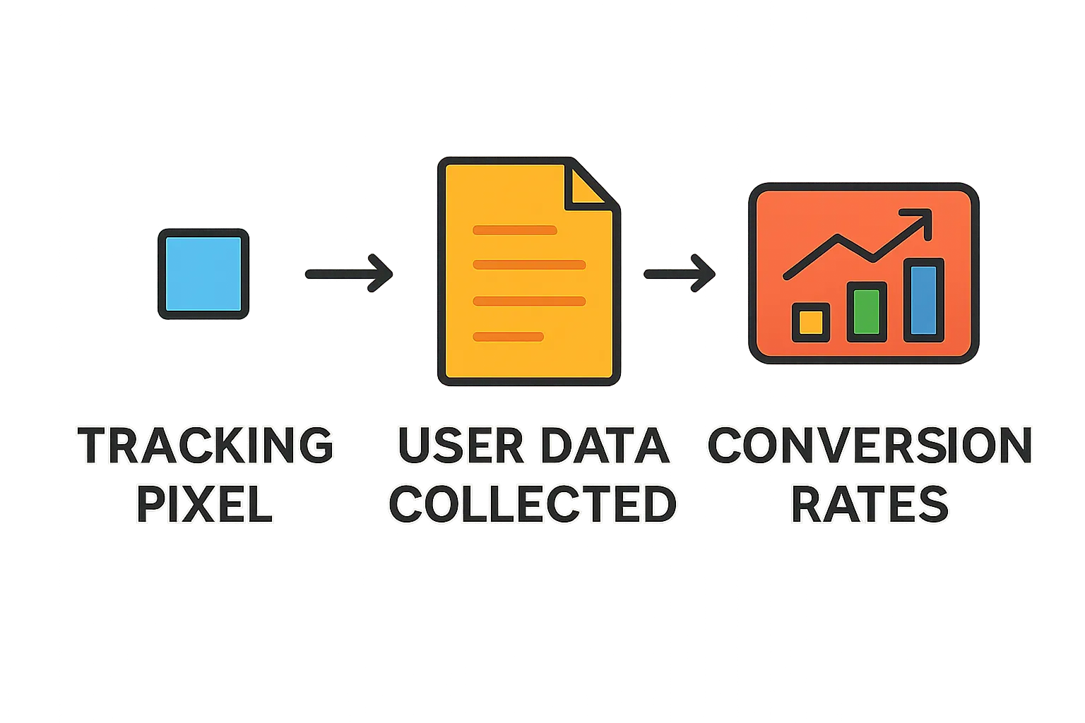 Tracking pixel data flow infographic showing pixel, data, and dashboard