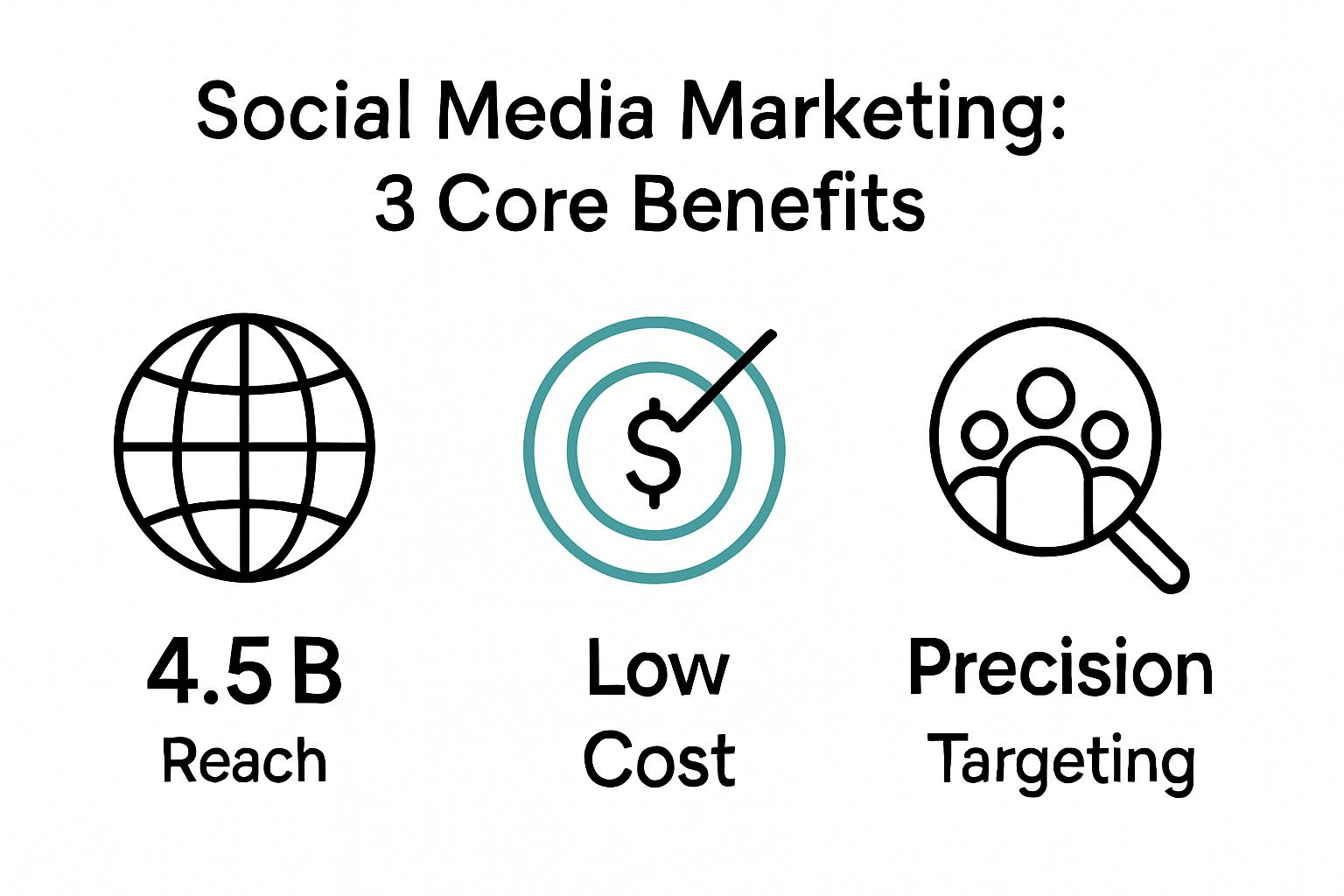 Infographic showing reach, cost, and targeting benefits of social media marketing