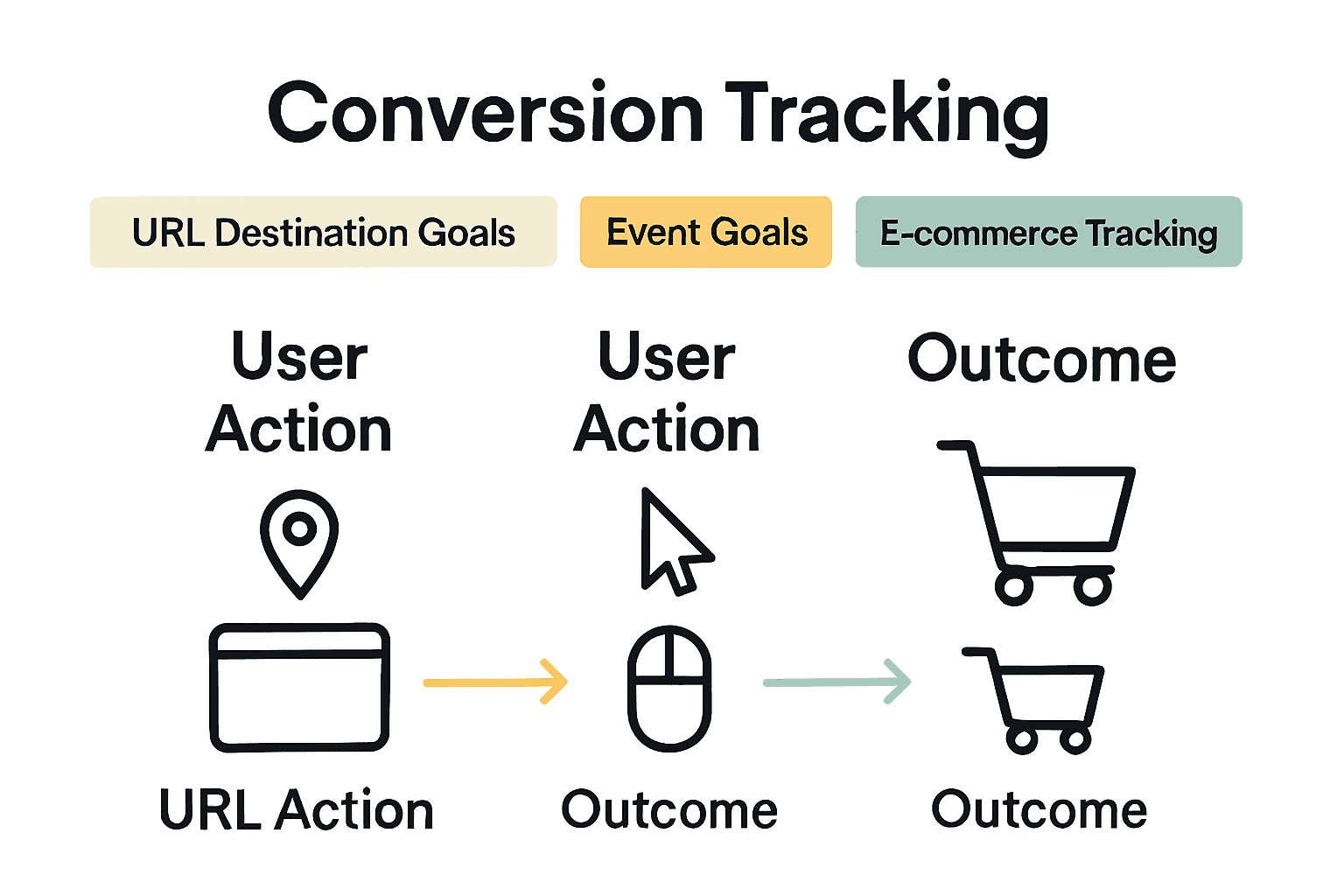 Infographic comparing URL, event, and e-commerce conversion tracking methods.