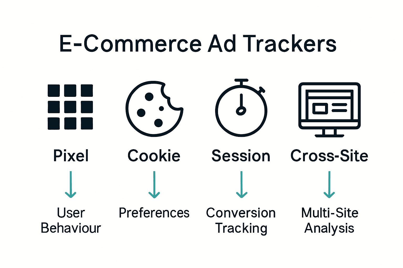 Infographic showing four major e-commerce ad tracker types with icons and labeled arrows.