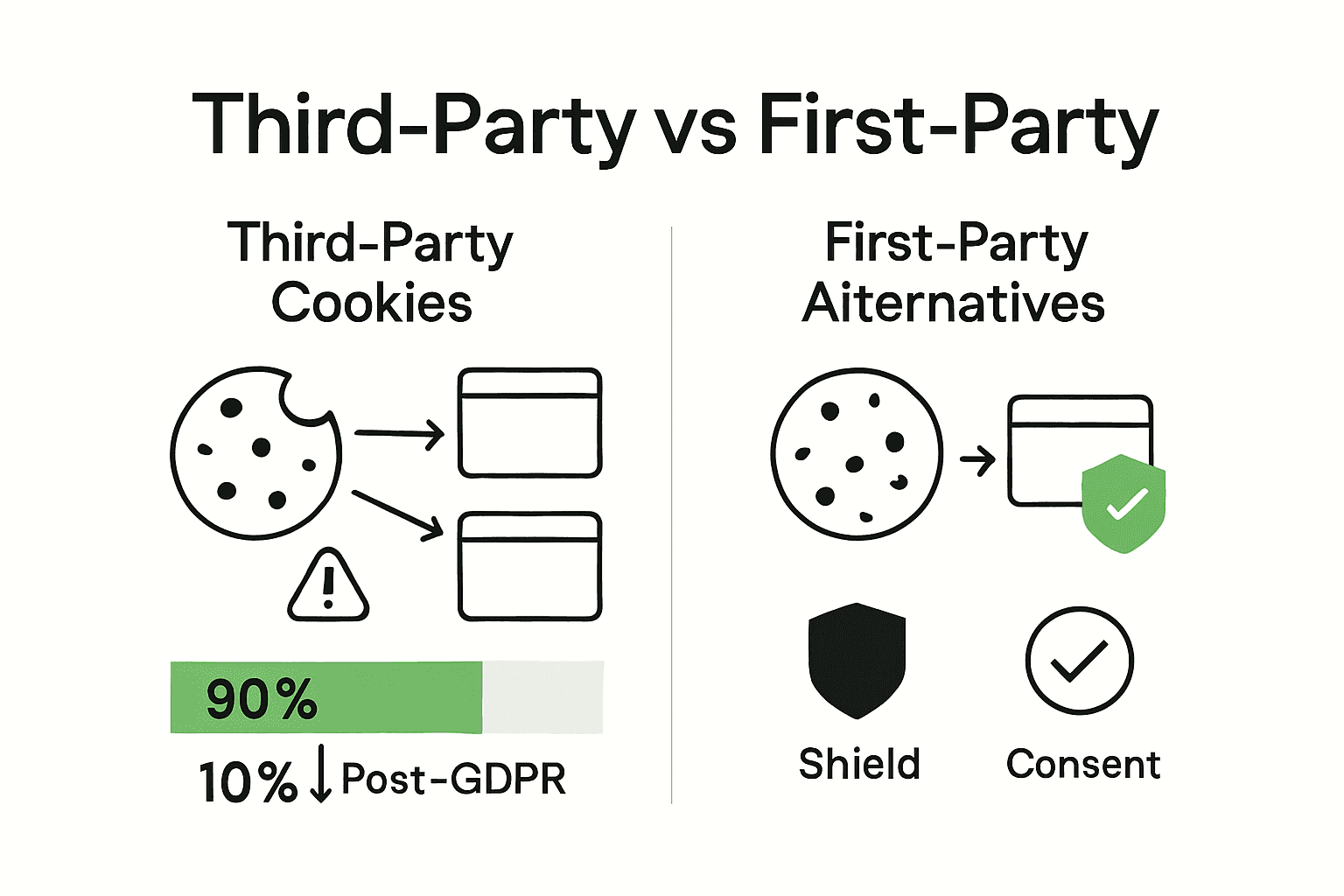 Comparison of third-party and first-party cookie tracking with compliance icons