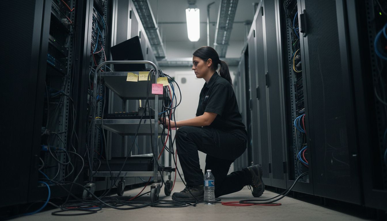 Engineer configuring server racks and Docker