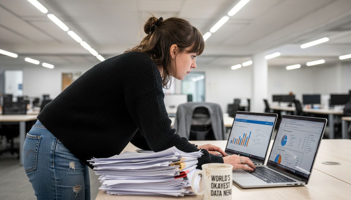 Analyst compares analytics dashboards at workstation