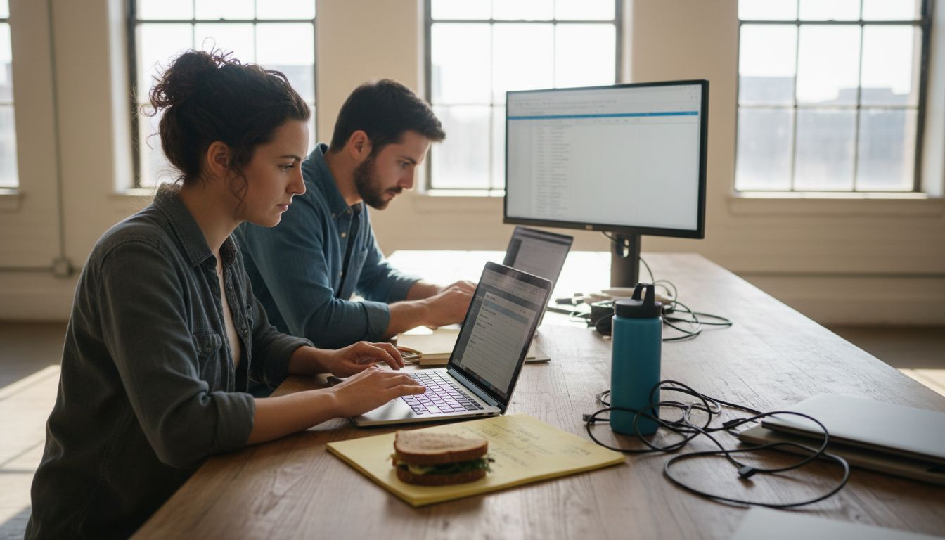 Team adjusting tagging tools at shared workspace