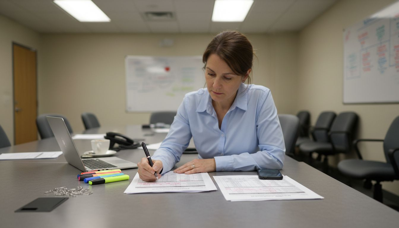 Woman reviewing tracking audit spreadsheet