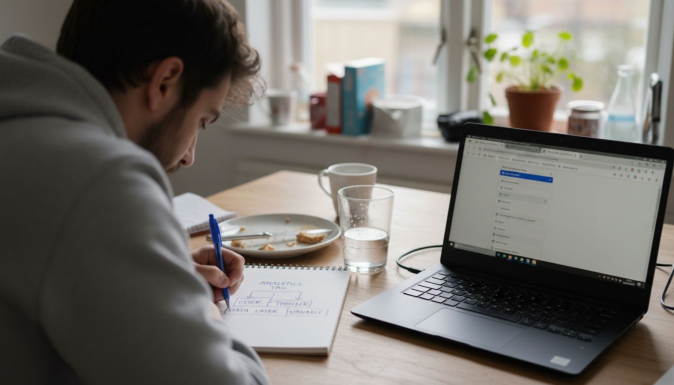 Web analyst sketching GTM architecture on notepad