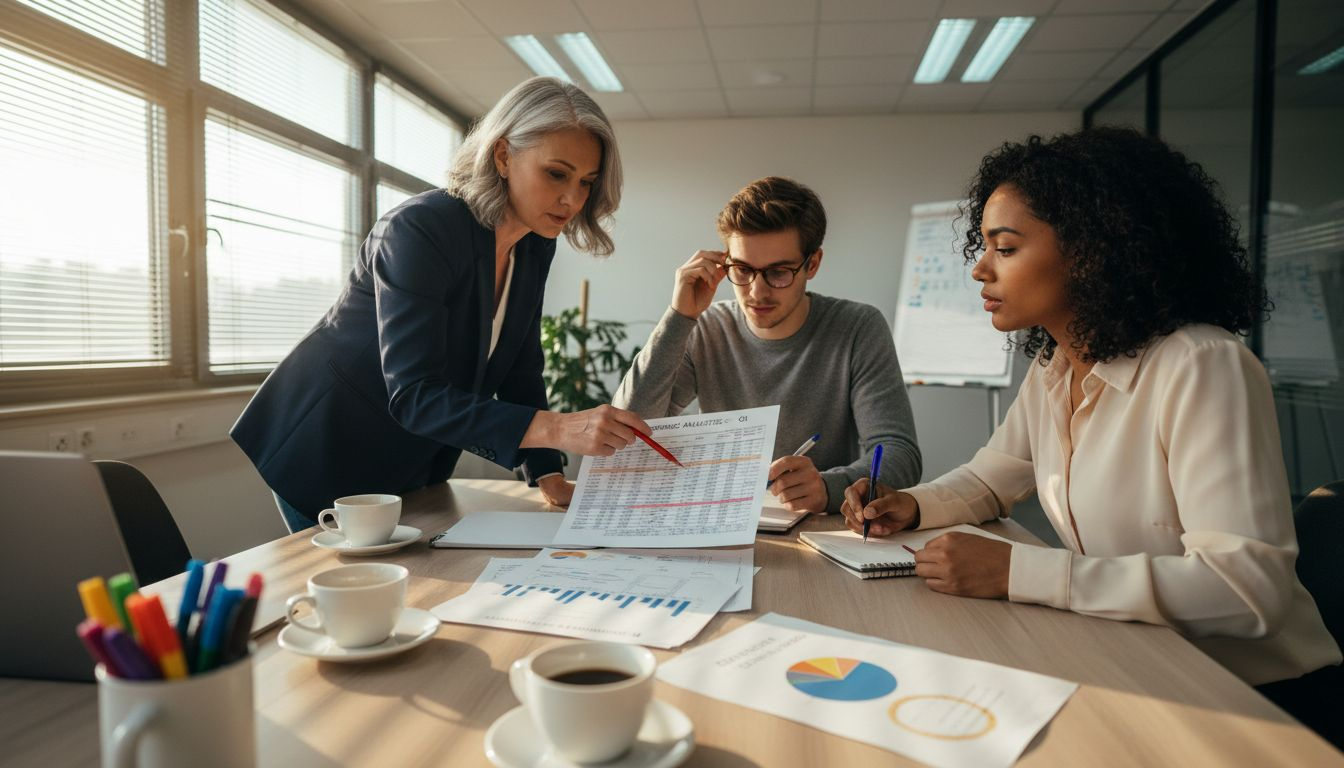 Team audits analytics reports in meeting room