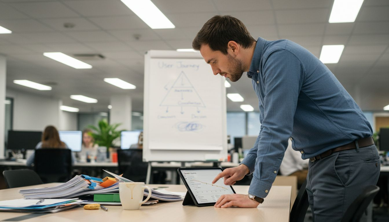 Analyst viewing conversion tracking data at work