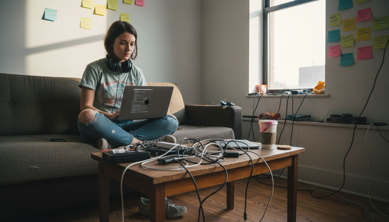 Developer implementing restoration scripts on laptop