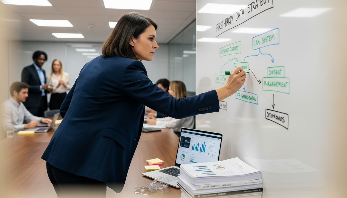 Analyst updating whiteboard on first-party tracking