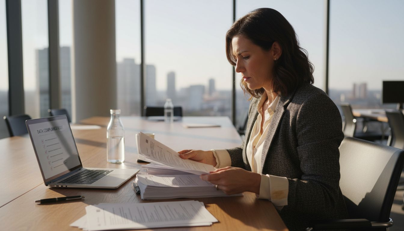 Woman auditing data compliance in office