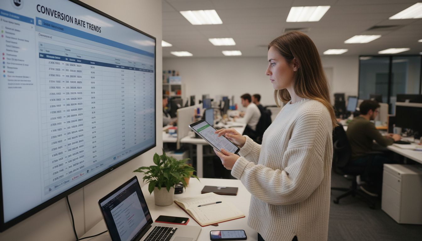 Web analyst reviewing conversion rate trends screen