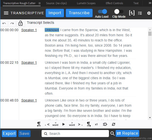 Transcriptive Rough Cutter showing a transcript