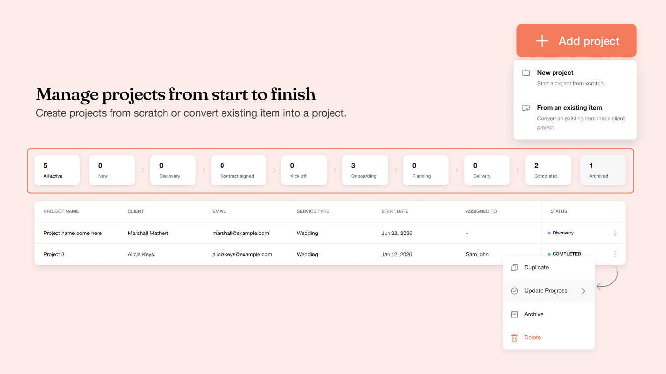 Maroo Projects launch showing project stages, the project list and the Add project menu