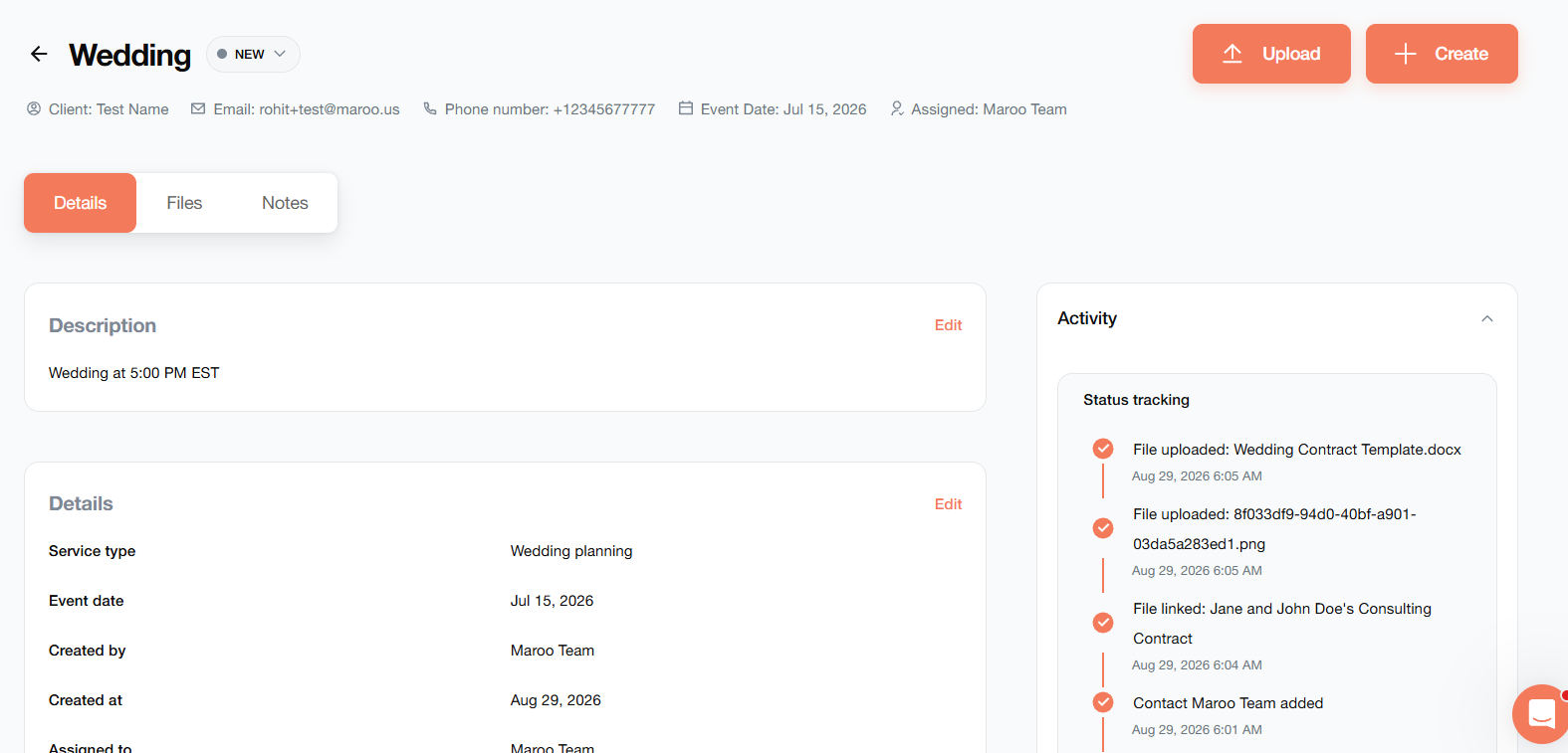 Maroo project workspace with client details, Files and Notes tabs, and activity history