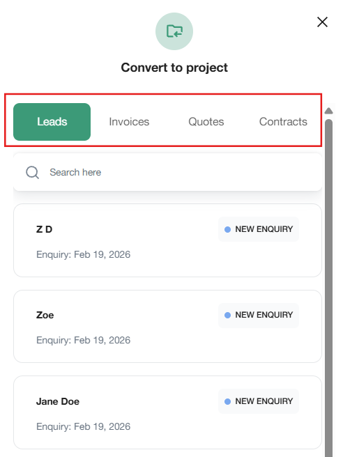 Convert an existing lead, invoice, quote or contract into a Maroo project