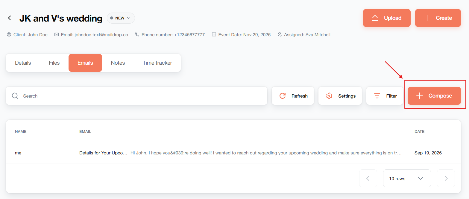 Maroo project Emails tab with the Compose button and a sample sent message.