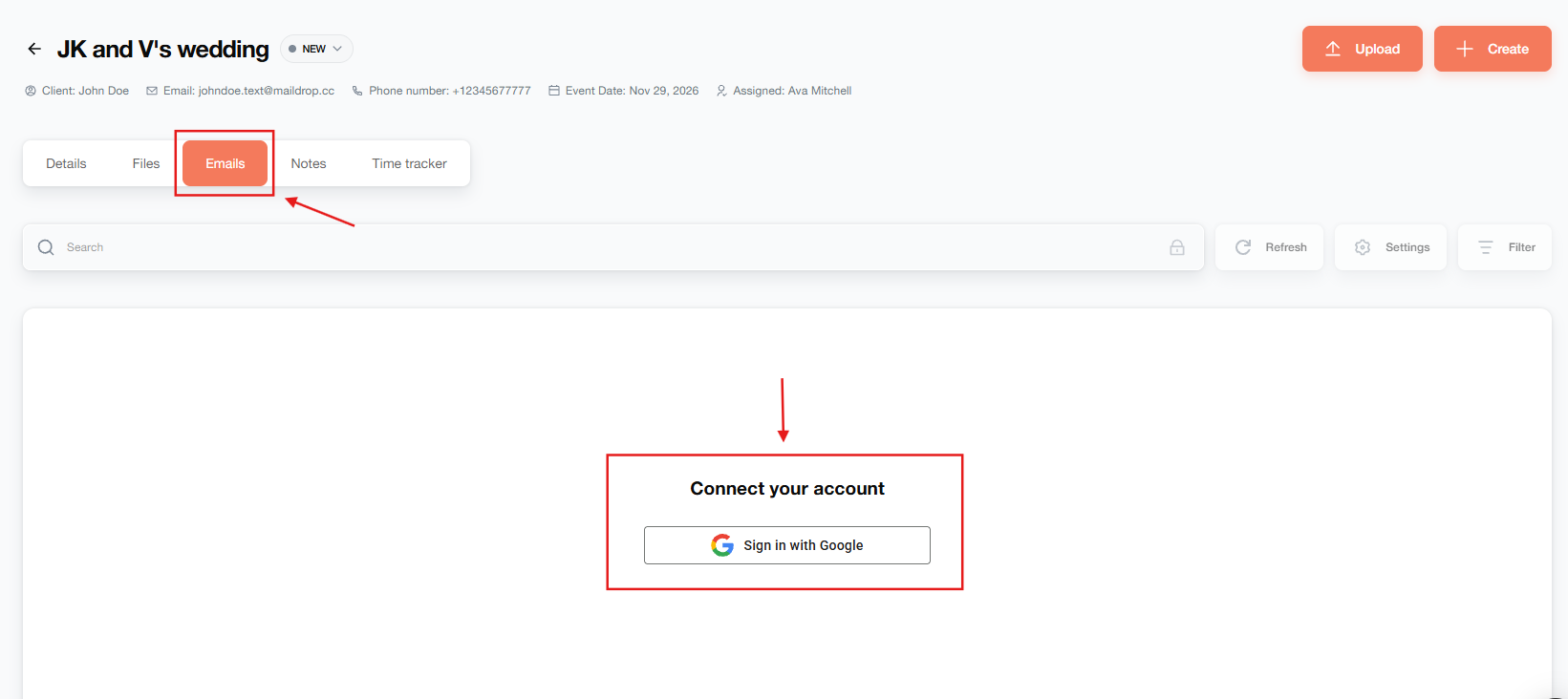 Gmail connection entry point in a sample Maroo project.