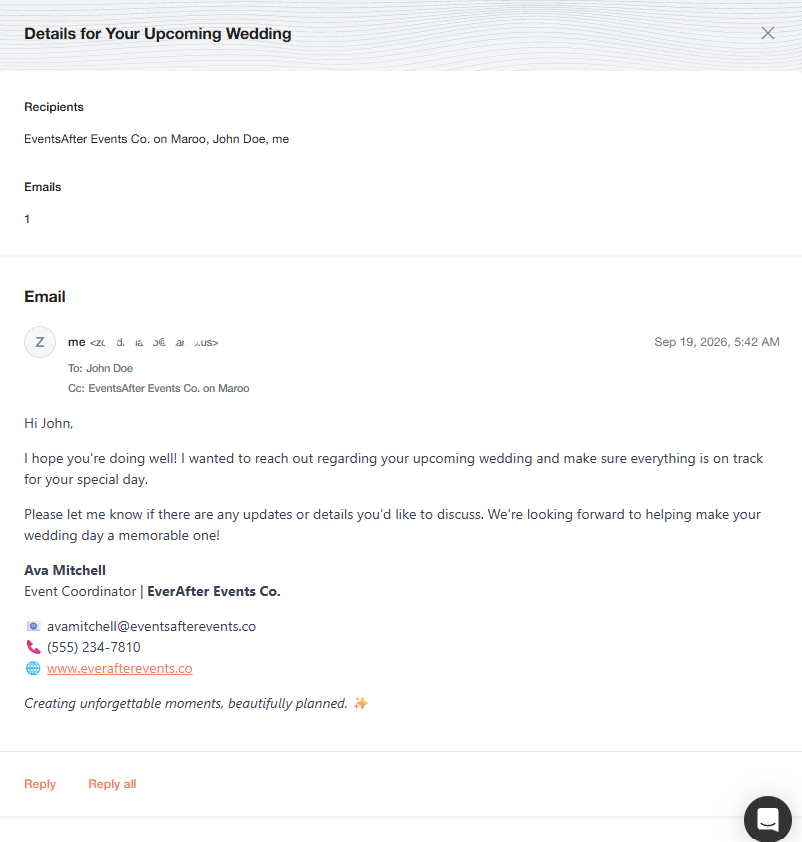 Sample email details in Maroo showing the CC recipient, signature and Reply All option.