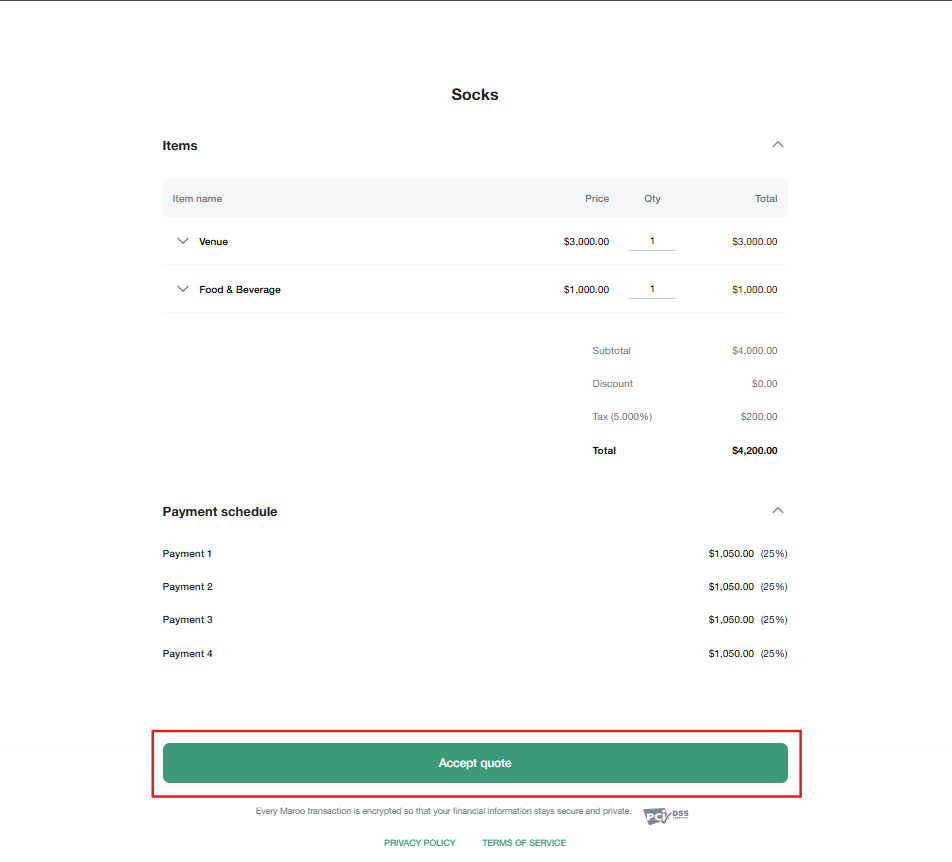 Example client-facing Maroo quote with itemized venue and catering prices, a payment schedule and Accept quote button.