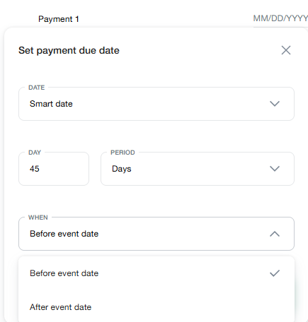 Maroo Smart Date control set to an illustrative 45 days before the event.
