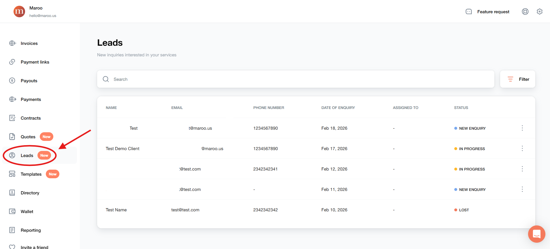 Maroo Leads list showing sample inquiries, assignees and statuses.
