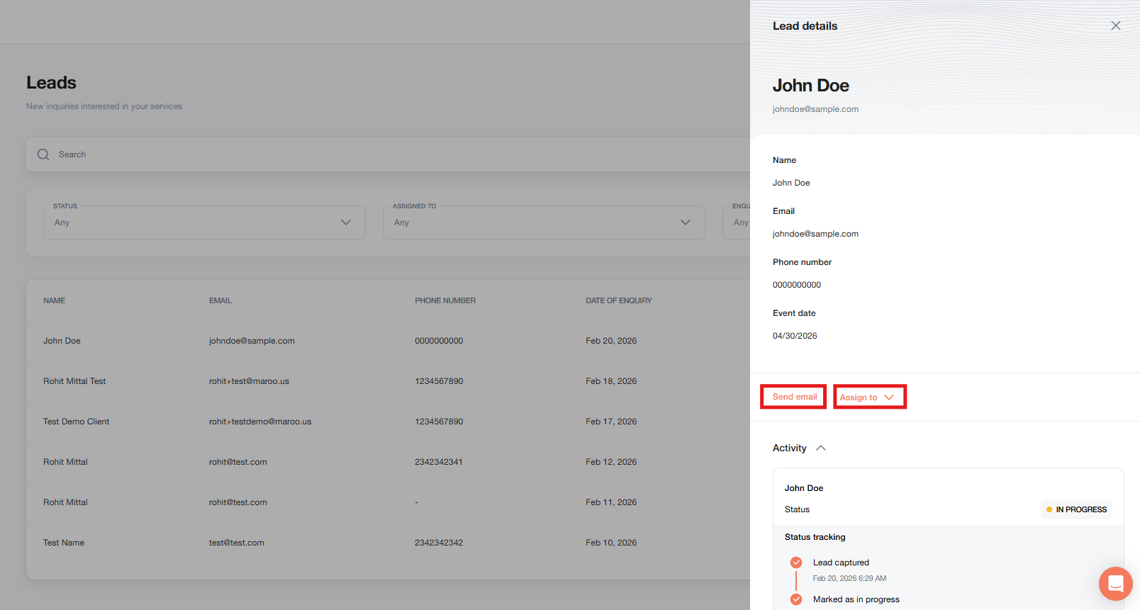 Sample lead details with Send email and Assign to actions.